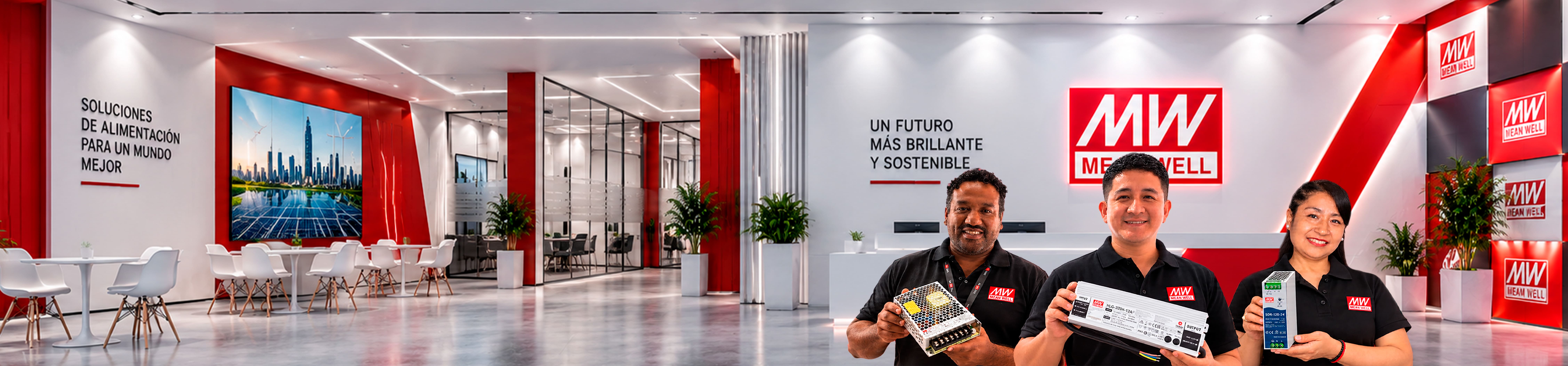 Equipo con fuentes MEAN WELL en una sala de exhibición