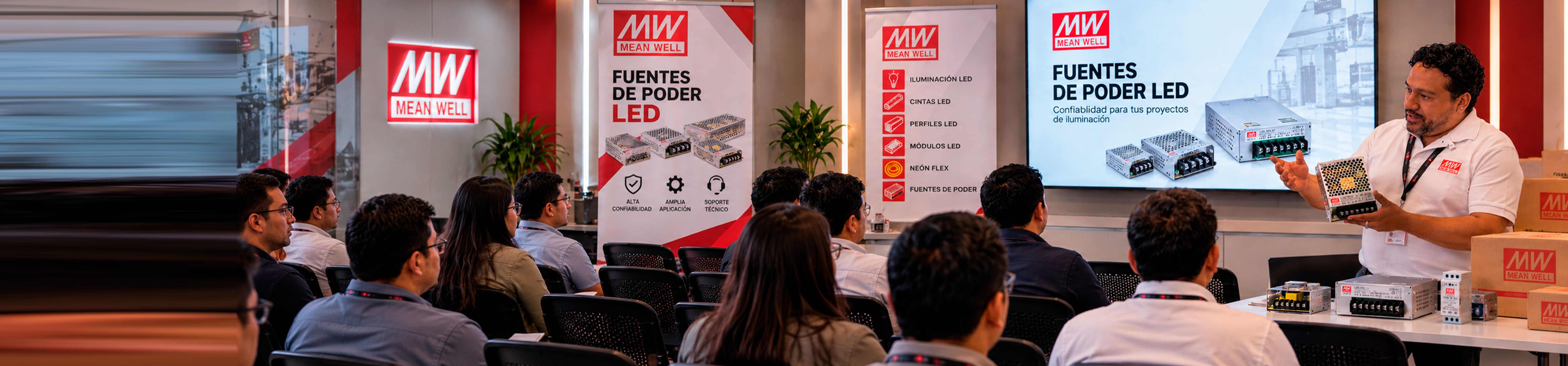 Capacitación sobre fuentes de alimentación MEAN WELL con instructor y participantes
