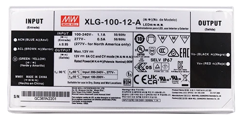 Detalle de la etiqueta del modelo MEAN WELL XLG-100-12A